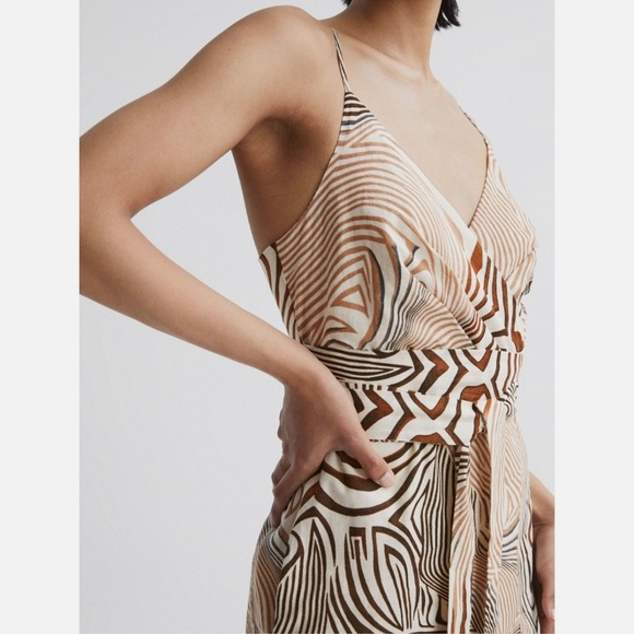 REISS Linen Rosie Animal Print Midi Dress Brown - Picture 2 of 12